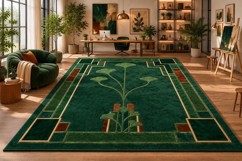 Art Deco Botanical Rug, Handmade Tufted Green Area Rug, Luxury Ginkgo Leaf Carpet, Emerald Gold Designer Rug, Custom Modern Living Room Rug, image 8