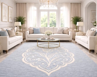 Luxury Handmade Tufted Wool Rug, Soft Blue Floral Area Rug, Modern Elegant Living Room Carpet, Custom High-End Home Decor
