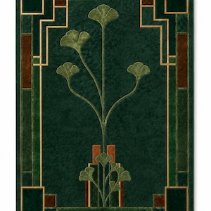 May include: A rectangular rug featuring a deep forest green background with a central ginkgo leaf motif in lighter green. The design includes geometric borders in gold, dark green, and brown, creating a structured frame around the central plant.