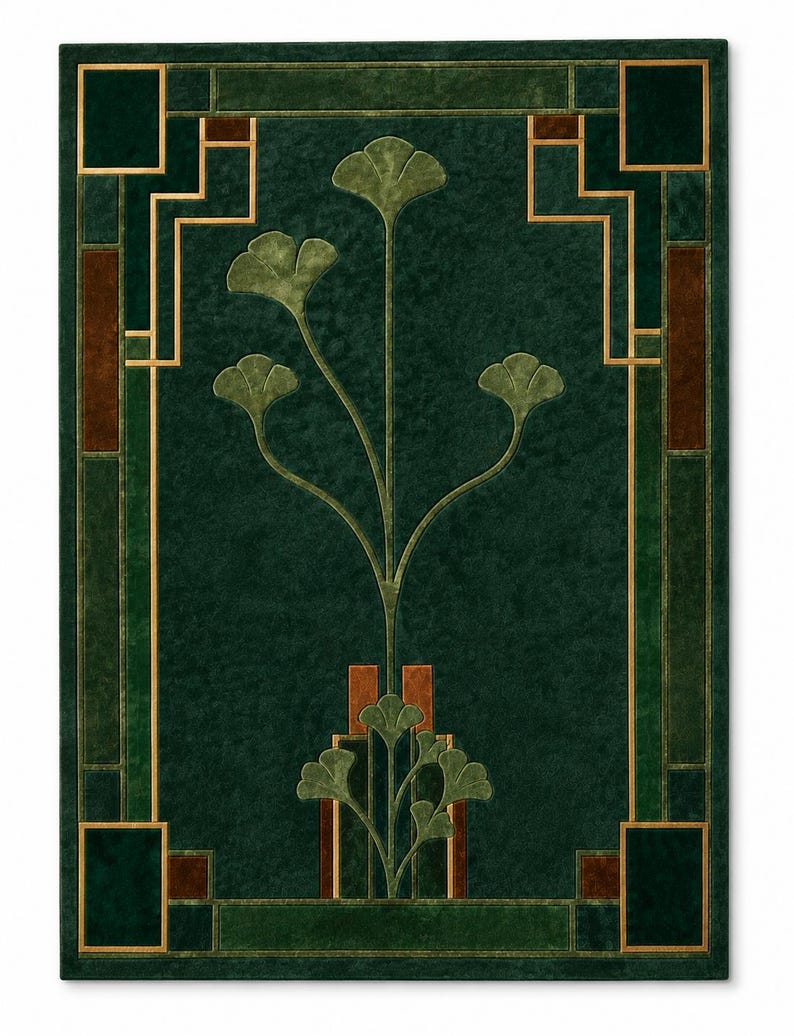 May include: A rectangular rug featuring a deep forest green background with a central ginkgo leaf motif in lighter green. The design includes geometric borders in gold, dark green, and brown, creating a structured frame around the central plant.