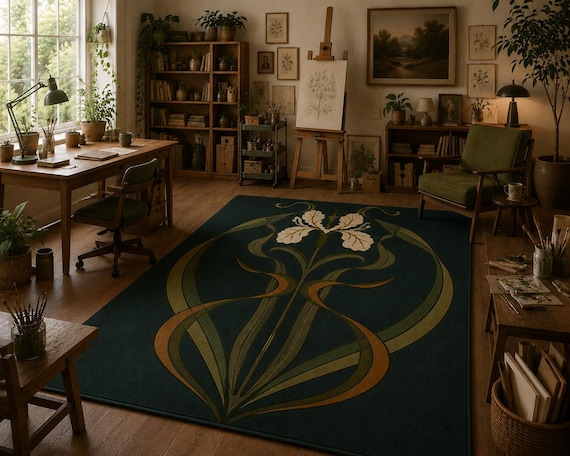 Luxury Art Nouveau Iris Rug, Handmade Tufted Floral Area Rug, Dark Green Botanical Rug, William Morris Style Home Decor
