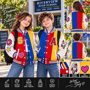 May include: A colour-blocked varsity jacket featuring red, blue, and yellow panels with cream-coloured sleeves. The jacket includes embroidered patches of a flower, star, heart, and rocket, along with a large letter patch on the chest and striped trim.