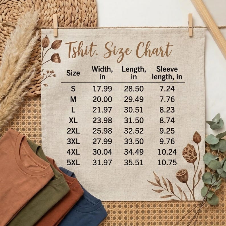 Puede incluir: Tabla de tallas de camisetas con medidas en pulgadas para ancho, largo y largo de manga. Tallas de la S a la 5XL. Se ven camisetas dobladas de varios colores en la parte inferior de la imagen, sobre un fondo beige.