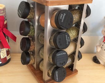 16 Jar Revolving Spice Rack, Stainless Steel Bamboo Carousel Organizer
