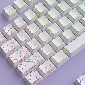 May include: White keyboard keycaps with a topographic design in red, yellow, and green. The keycaps are arranged on a purple surface. The keys are labelled with letters and symbols, and some keys have labels like "ESC", "TAB", and "SHIFT".