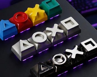 PlayStation Symbol Keycaps Set, Triangle Circle Cross Square Artisan Keycaps, MX Compatible Gaming Keyboard Keycaps, 4PCS Metal Style