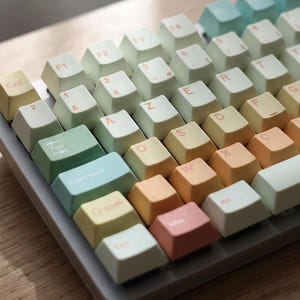 May include: A pastel-colored mechanical keyboard with a gradient of colors on the keycaps. The keys transition from light blue to yellow and pink. The keyboard sits on a light wooden surface.
