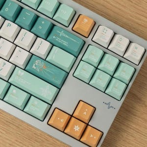 Può includere: Una tastiera meccanica con una cornice grigio chiaro e una varietà di colori dei tasti. I tasti sono principalmente bianchi, verde acqua e arancioni. Alcuni tasti hanno simboli e testo unici. La tastiera è angolata su una superficie di legno.