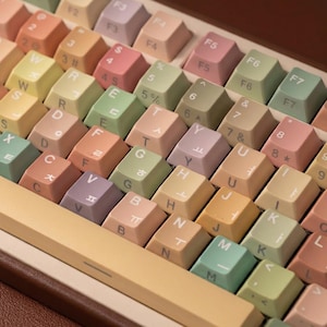 Puede incluir: Primer plano de un teclado mecánico con teclas de colores pastel. Las teclas son de varios tonos de rosa, amarillo, verde y morado. El teclado tiene un marco beige y una base marrón. Las teclas están etiquetadas con letras, números y símbolos.