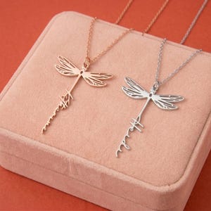 May include: Two dragonfly pendant necklaces, one rose gold and one silver, rest on a pink velvet box against a red-orange background. The dragonfly pendants have delicate wing designs and personalized script. The necklaces are on thin chains.