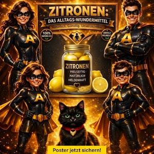 May include: A promotional poster featuring a family of superheroes with a jar of lemons. The text reads "Zitronen" and "The new everyday hero for your home!" with additional text in German. A black cat with a red collar is also featured.
