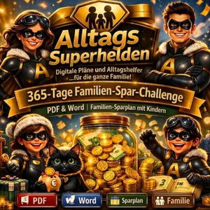 Può includere: Un'immagine digitale con il testo "Alltags Superhelden" e "365-Tage Familien-Spar-Challenge." L'immagine presenta supereroi dei cartoni animati, un barattolo di monete, un gatto nero e icone per PDF, Word e famiglia.
