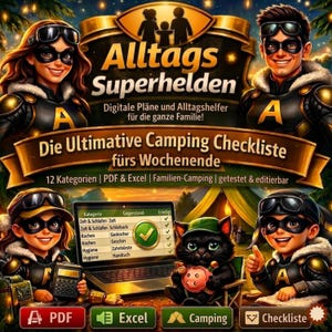 Könnte beinhalten: Digitale Camping-Checkliste mit Superhelden-Charakteren. Das Bild enthält Text: "Alltags Superhelden" und "Die Ultimative Camping Checkliste fürs Wochenende." Ein Laptop zeigt eine Checkliste mit Kategorien wie "Zelt & Schlafen" und "Kochen."