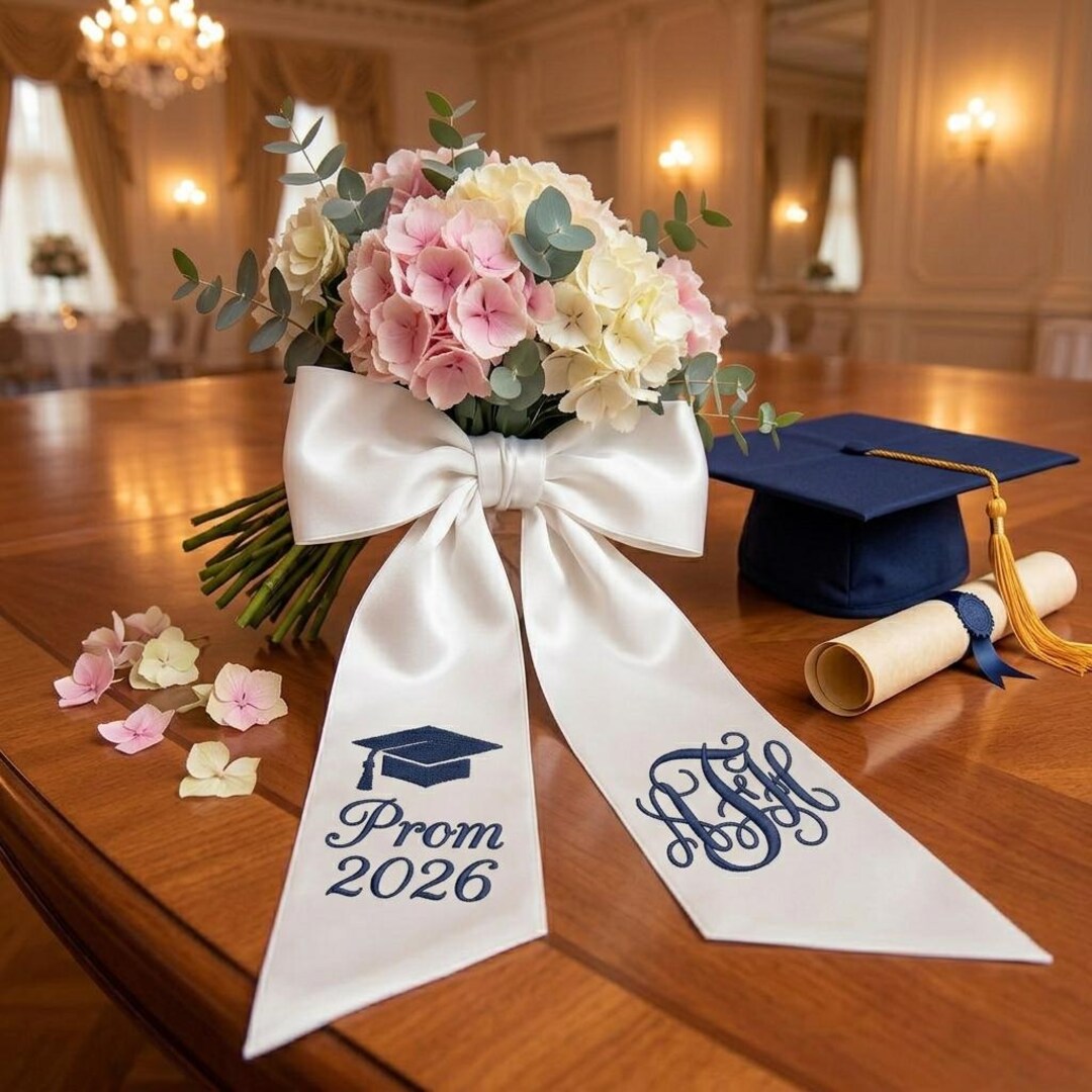 Prom Ribbon Embroidered Senior Prom Bouquet Sash, Prom Bouquet Bow, Custom ...