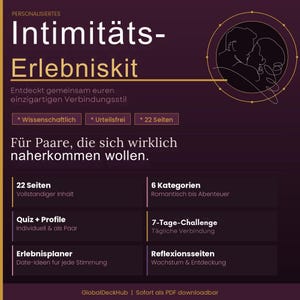 Puede incluir: Un gráfico morado oscuro con texto blanco que promociona un kit de experiencia de intimidad. El kit incluye un cuestionario, un perfil e ideas para citas. El texto también menciona 22 páginas, 6 categorías y un desafío de 7 días. Un dibujo lineal de una pareja está en la esquina superior derecha.