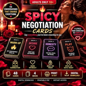 Könnte beinhalten: Ein Set Spicy Negotiation Cards mit vier Decks namens Warm-Up, Desire, Honesty und Play. Die Karten sind schwarz mit farbigem Text und Symbolen wie Flammen, Herzen und einem Teufelsgesicht. Das Set enthält 48 Karten als digitaler Download.