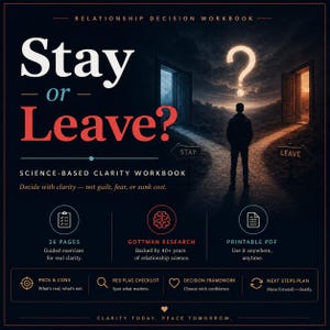 May include: A dark blue workbook titled "Stay or Leave?" with a person standing at a crossroads. The cover includes the text "Science-Based Clarity Workbook" and details about the contents, such as "26 Pages" and "Printable PDF".