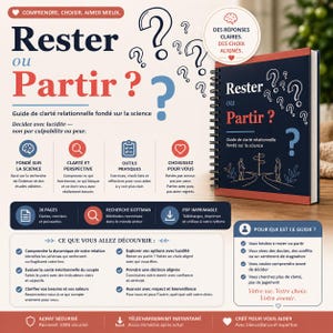 May include: A spiral-bound book titled "Rester ou Partir?" (Stay or Leave?) with a navy blue cover and white text. The cover features question marks and the book's title in red and blue. The image is a guide to relationship clarity.