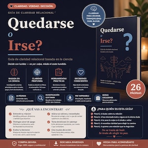 May include: A book titled "Quedarse o Irse?" (Stay or Leave?) with a dark blue cover. The book is a guide to relational clarity based on science, with text and graphics in Spanish. The image also includes a graphic with the text "26 pages".
