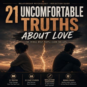Op de afbeelding: Een boekomslag getiteld 21 Uncomfortable Truths About Love, met een bliksemschicht tussen twee silhouetten tegen een zonsondergang. De tekst bevat Relationship Psychology, Reflection Guide en details over 21 waarheden, casestudy's en reflectievragen.