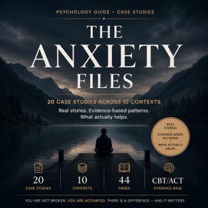 May include: A book cover titled "THE ANXIETY FILES" with a dark, moody landscape background. The cover includes text about case studies, real stories, and evidence-based patterns. A person is sitting on a dock overlooking a lake.