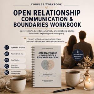 Puede incluir: Un cuaderno con espiral titulado "Open Relationship Communication & Boundaries Workbook" con texto e ilustraciones. La portada presenta una silueta de pareja. La imagen incluye tazas de café, un bolígrafo y una vela encendida, sugiriendo un ambiente íntimo.