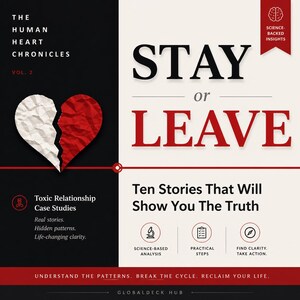 May include: Book cover with a black and white background, featuring a broken heart graphic. The title "STAY or LEAVE" is in large, bold letters. The book is titled "The Human Heart Chronicles Vol. 2" and discusses toxic relationships.