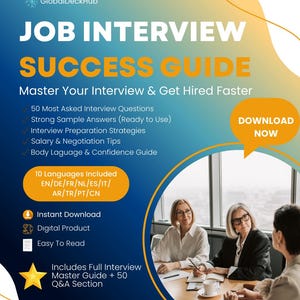 Puede incluir: Un producto digital titulado "JOB INTERVIEW SUCCESS GUIDE" con el texto "Master Your Interview & Get Hired Faster." La portada incluye una foto de tres mujeres en un entorno empresarial. La guía promete 50 preguntas de entrevista, ejemplos de respuestas y consejos de negociación.