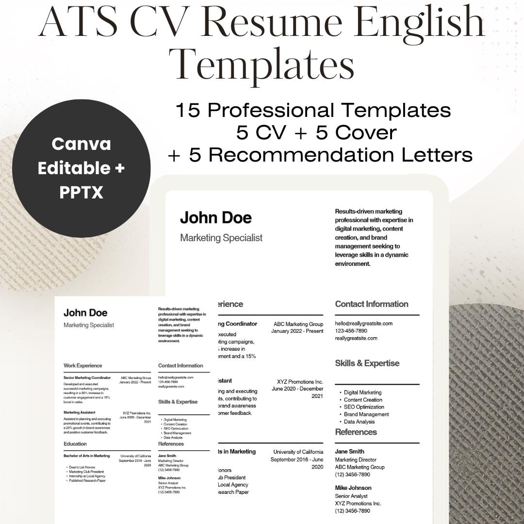 ATS Resume Template Bundle | Canva, PPTX CV + Cover Letter (instant ...