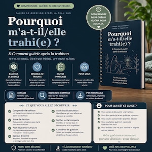 以下が含まれることがあります： フランス語で「Pourquoi m'a-t-il/elle trahi(e)?」と書かれた、濃い青色のスパイラル綴じの本。画像には、癒しと幸福に関するフランス語のテキスト、グラフィック、アイコンも含まれています。