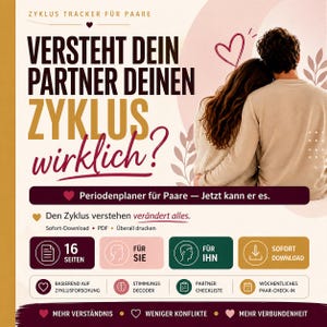 Może przedstawiać: Cyfrowy planer okresu dla par, z tekstem "VERSTEHT DEIN PARTNER DEINEN ZYKLUS wirklich?" w kolorze bordowym i złotym. Obraz zawiera ikony dekodowania nastroju, list kontrolnych partnerów i cotygodniowych kontroli.