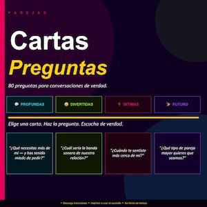 May include: A graphic with the title "Cartas Preguntas" in white and yellow, with the subtitle "80 questions for real conversations." It features colored boxes with question prompts and category labels like "Deep" and "Fun."