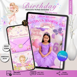 Puede incluir: Una plantilla de invitación de cumpleaños digital interactiva con temática de hadas rosas, que incluye ilustraciones de hadas, mariposas y flores. La pantalla muestra texto que incluye "Bettina's Magical Day", "Is Turning 7" y "You're Invited".