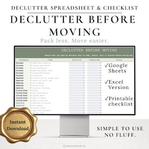 Lista de verificação para organizar antes da mudança | Lista de itens para organizar antes da mudança | Planilha de organização para mudança + versão para imprimir | Leve menos, mude com mais facilidade