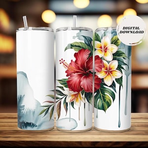 Tropical Floral Tumbler Wrap | Hibiscus Plumeria Sublimation Design (Digital Download)