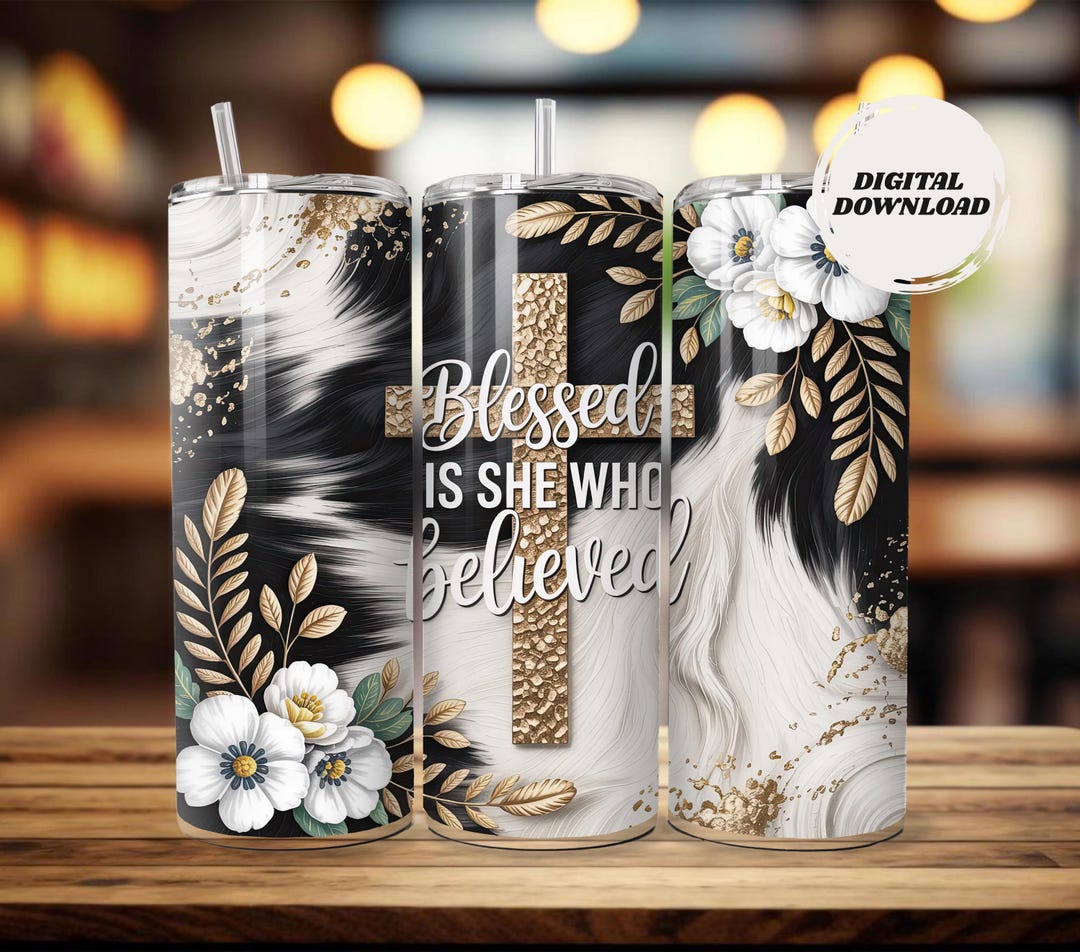 Blessed is She Who Believed Tumbler Wrap | Floral Gold Cross PNG ...