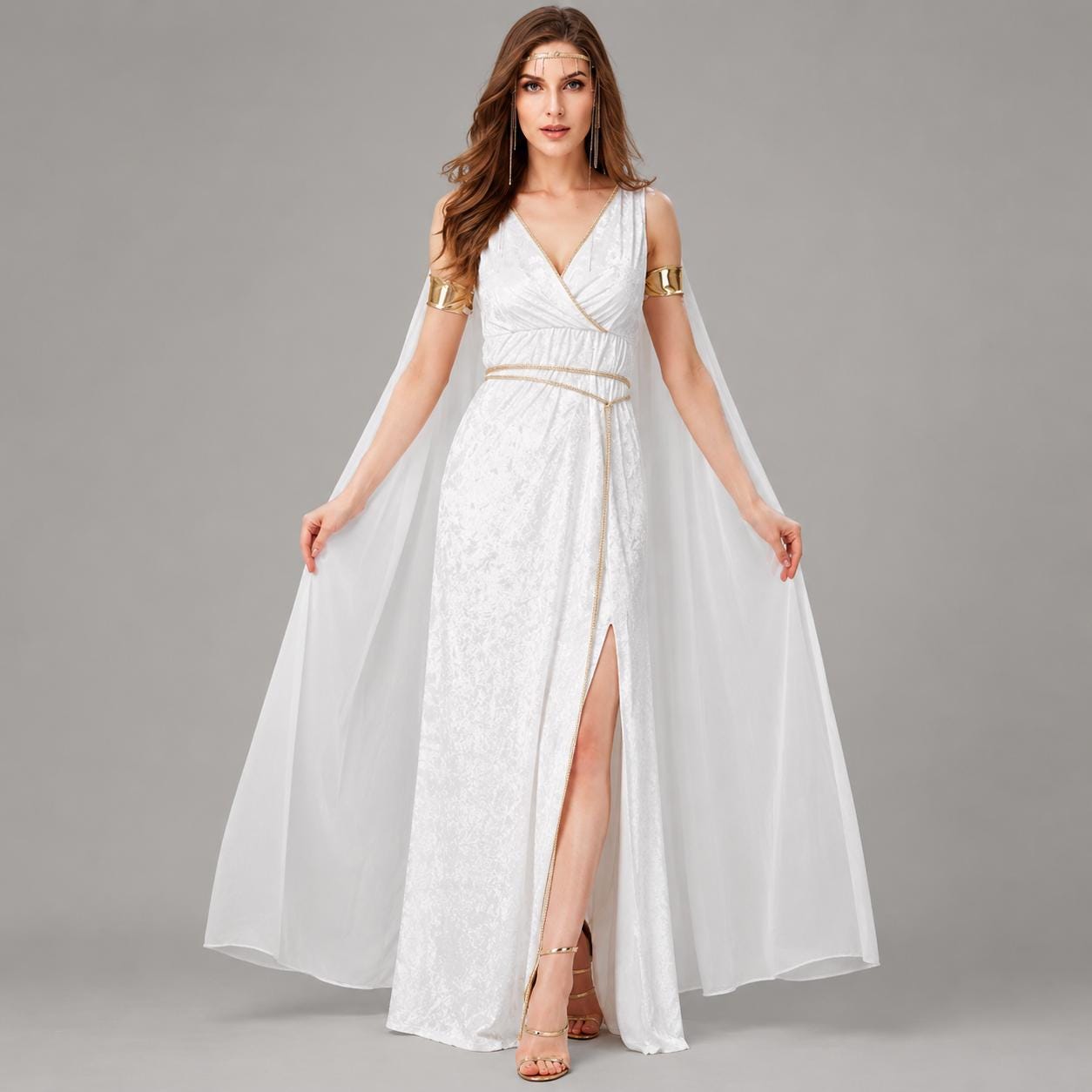 Greek Goddess Gown | White Chiffon V-neck High Slit Floor Length Costume