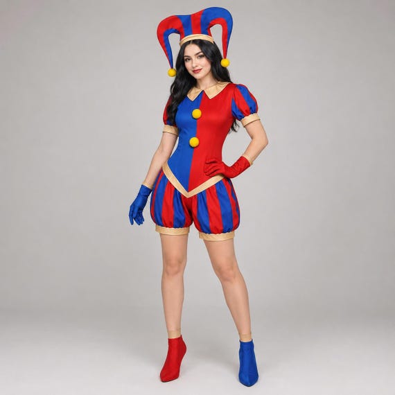 Adult Jester Costume Women | Colorful Striped Circus Performer Outfit with Hat & Gloves | Halloween Carnival Party Cosplay