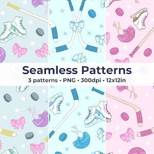 Op de afbeelding: Naadloze patronen met schaatsen, hockeysticks, pucks en strikken in pastelkleuren. De patronen bevatten de tekst "Seamless Patterns" en "3 patterns • PNG • 300dpi • 12x12in". De patronen staan op een lichtblauwe en roze achtergrond.