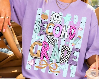 Neon Striped Second Grade Teacher Comfort Colors Shirt, 2nd Grade Shirt, 2nd Grade Teacher Shirt, 2nd Grade T-Shirt, Second Grade Sweatshirt
