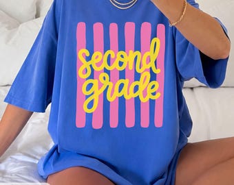 Second Grade School Staff Comfort Colors Shirt, Neon Striped 2nd Grade Teacher Team Shirts, Back to School Shirt, Teacher Appreciation Gift