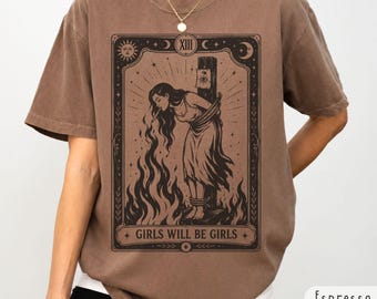 Girls Will Be Girls Witch With Sigarete Comfort Colors Shirt, Burn Witches Women’s Rights Tshirt, Cigarette Lover Feminist Halloween Shirt