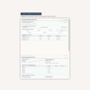 Könnte beinhalten: Ein weißes, druckbares Dokument mit dem Titel 3-PAGE COMPLETE PROTOCOL HANDWRITING READY | ME/CFS & Dysautonomia Pacing S. Das Formular enthält Abschnitte für Daily Pacing Dashboard & Vitals Matrix, Energy Allocation sowie Activity Log & Micro-Pacing Tracker.