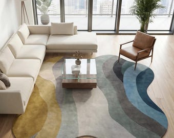 Abstract Area Rug, Mid Century Modern Hand Tufted Wool Rug, Retro Wave Carpet-Scandinavian Irregular Rug-Modern Living Room Rug, Custom Size