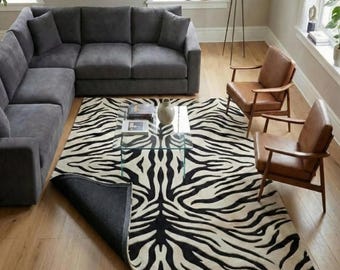Zebra Print Rug, Black White Area Rug, Hand Tufted Wool Rug, Animal Print Carpet, Modern Statement Rug, Safari Decor Rug, Custom Rug 8x10