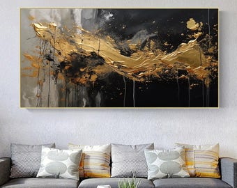 Abstract Gold Black Oil Painting, Hand-Painted Impasto Textured Wall Art, Modern Metallic Canvas Artwork, Luxury Contemporary Home Decor