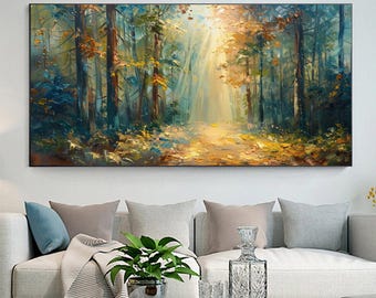 Dipinto ad olio astratto di una foresta autunnale, opera su tela con sentiero boschivo materico, paesaggio naturale originale su tela, decorazione per la casa con albero in un luminoso mattino.