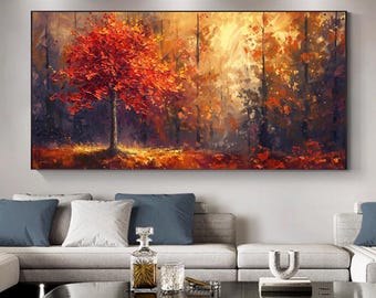Peinture à l'huile originale représentant une forêt d'automne, un paysage d'arbres rouges éclatants sur toile, une œuvre d'art murale abstraite et texturée, une décoration intérieure colorée représentant des bois.