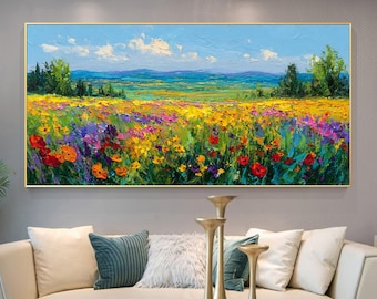 Dipinto ad olio di un prato fiorito dai colori vivaci, paesaggio floreale luminoso da appendere alla parete, decorazione primaverile con texture per la casa, grazioso regalo a tema natura di campagna