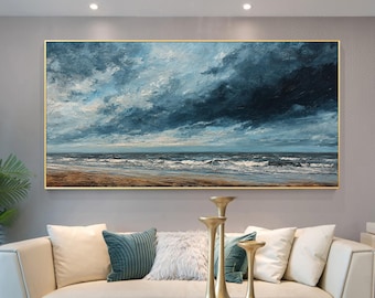 Original Beach Waves Oil Painting, Dramatic Cloud Seascape Wall Art, Impasto Textured Coastal Home Decor, Abstract Ocean Nature Lover Gift